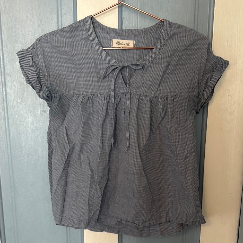 Madewell Blue Gingham Relaxed Blouse with Tie Front